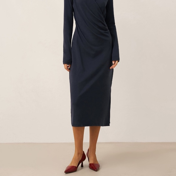 Linen Crossover V-Neck Wrap Stretch Midi Dress MARNIE - Picture 2 of 12